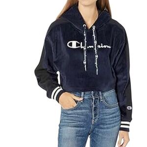 Champion Cotton Corduroy Cropped Hoodie Women's Drawstring Small Pullover
